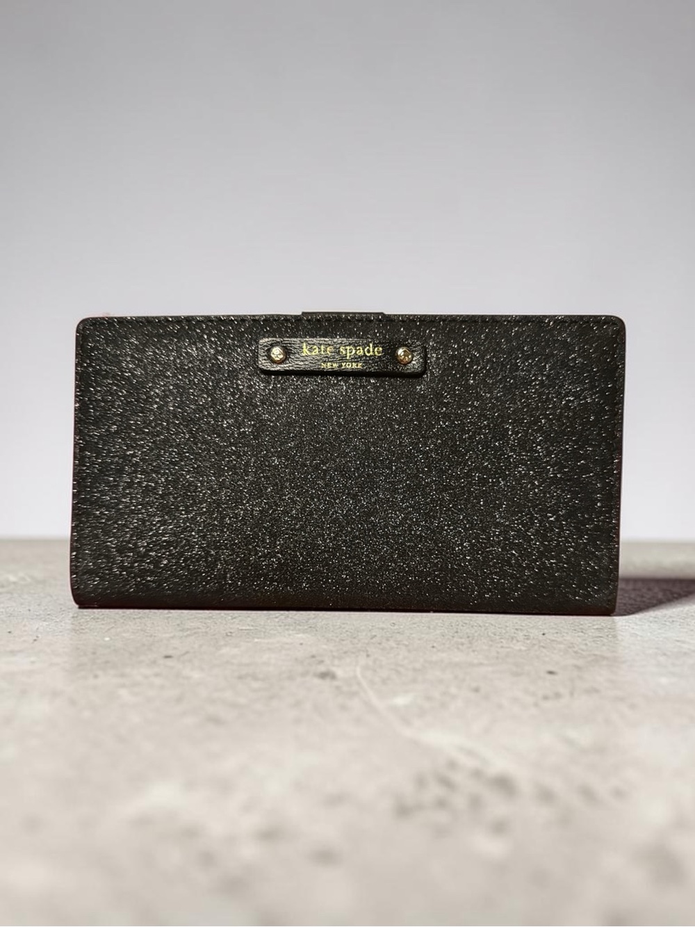 kate spade Black Glitter Continental Wallet with Gold Logo